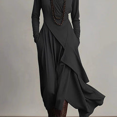 Solid color high-neck long-sleeved casual maxi dress by Christine Brewer, featuring an irregular hem and relaxed fit.