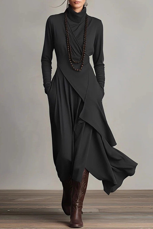 Solid color high-neck long-sleeved casual maxi dress by Christine Brewer, featuring an irregular hem and relaxed fit.
