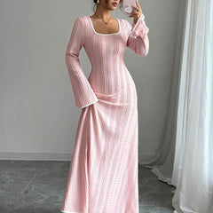 White Christine Brewer A-Line Bodycon ribbed knit maxi dress with split-joint square neckline, perfect for elegant daytime wear.