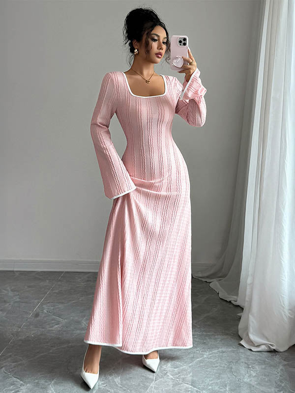 White Christine Brewer A-Line Bodycon ribbed knit maxi dress with split-joint square neckline, perfect for elegant daytime wear.