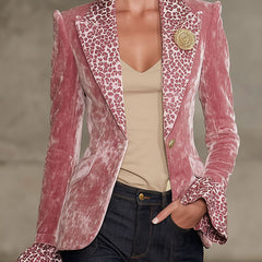 Pink contrast leopard print velvet blazer with lapel, stylish jacket from Christine Brewer, perfect for a chic, bold look.