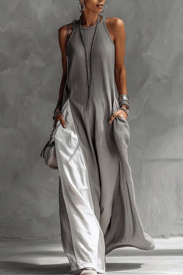 Color-blocked round neck sleeveless maxi dress by Christine Brewer featuring casual style, pockets, and a loose fit.