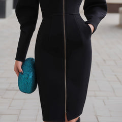 Black zip-front puff-sleeve tailored midi dress by Christine Brewer, featuring a sleek silhouette and structured design.