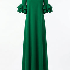 White Christine Brewer maxi dress with half sleeves, loose fit, solid color, off-the-shoulder style, flowing design.