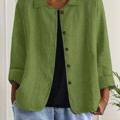 Women’s light gray Ella casual button-front jacket by Christine Brewer, shown hanging with front view and button details.