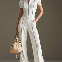 White cotton blend women's short sleeve wide-leg jumpsuit by Christine Brewer, featuring a relaxed fit and stylish design.