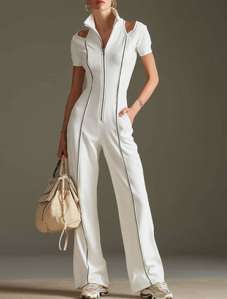 White cotton blend women's short sleeve wide-leg jumpsuit by Christine Brewer, featuring a relaxed fit and stylish design.