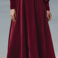 Burgundy velvet pleated bow-neck midi cocktail dress by Christine Brewer, featuring a fitted waist and elegant pleats.