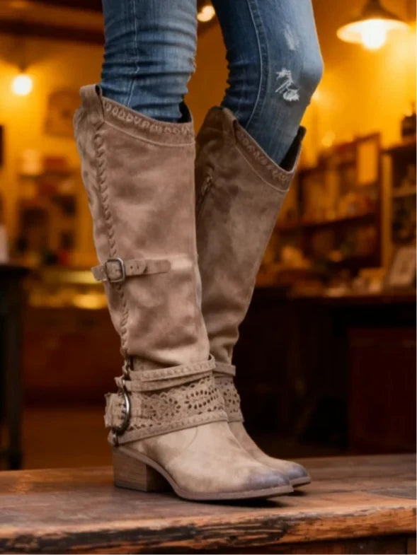 Evelyn1 | Knee High Boots, Women, Round Toe, Side Zip, Buckle Strap, Faux Leather, Square