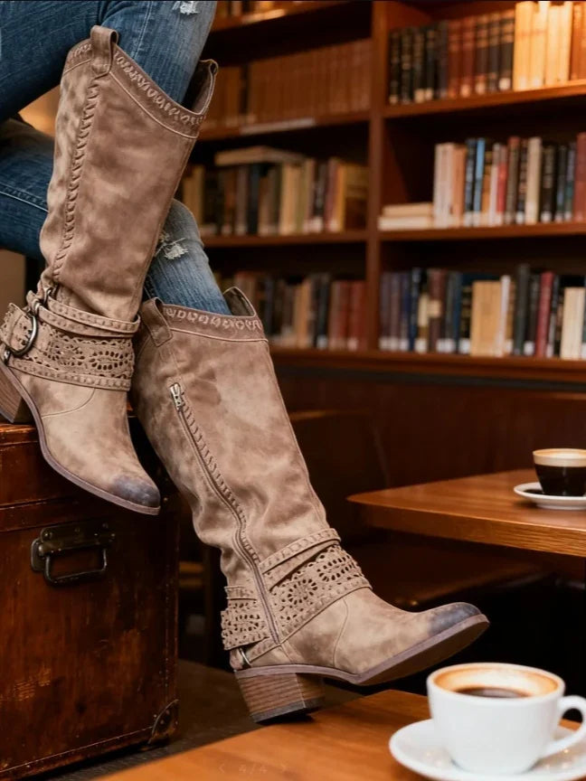 Evelyn1 | Knee High Boots, Women, Round Toe, Side Zip, Buckle Strap, Faux Leather, Square