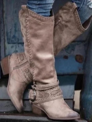 Evelyn1 | Knee High Boots, Women, Round Toe, Side Zip, Buckle Strap, Faux Leather, Square