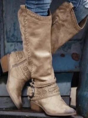 Evelyn1 | Knee High Boots, Women, Round Toe, Side Zip, Buckle Strap, Faux Leather, Square