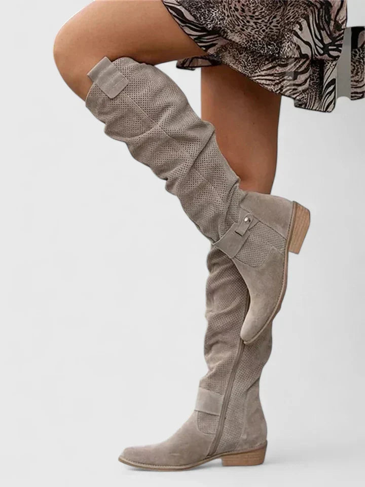 Grace1 | Knee High Boots, Women, Perforated, Side Zip, Buckle Strap, Block Heel, Riding Boots,