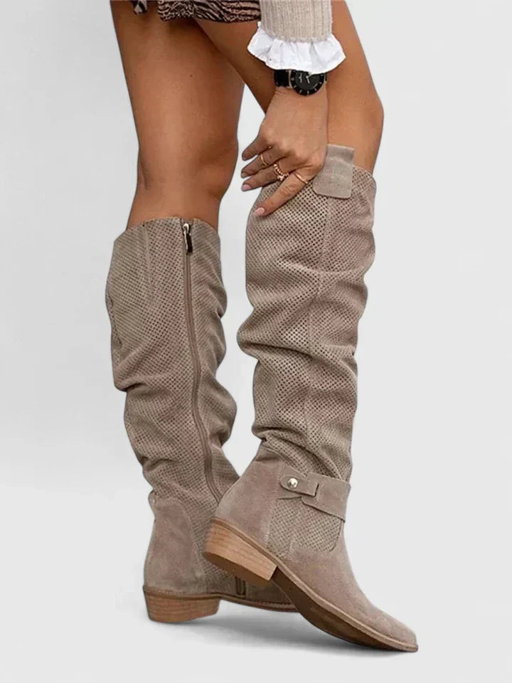 Grace1 | Knee High Boots, Women, Perforated, Side Zip, Buckle Strap, Block Heel, Riding Boots,