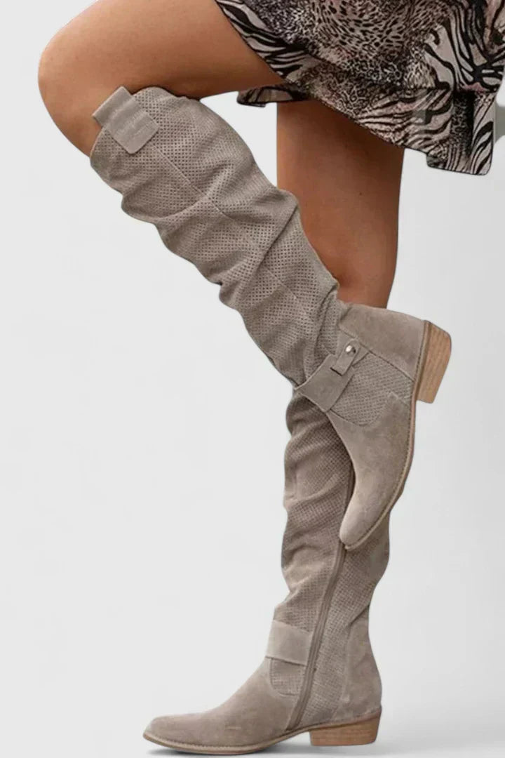 Grace1 | Knee High Boots, Women, Perforated, Side Zip, Buckle Strap, Block Heel, Riding Boots,