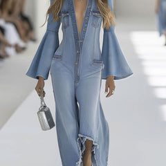 Light blue denim flared long sleeve jumpsuit for women featuring wide-leg pants and a stylish fit by Christine Brewer.