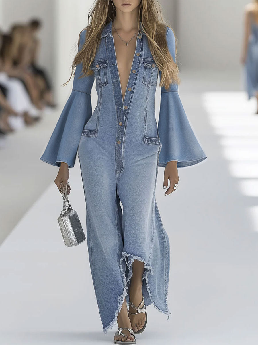 Light blue denim flared long sleeve jumpsuit for women featuring wide-leg pants and a stylish fit by Christine Brewer.