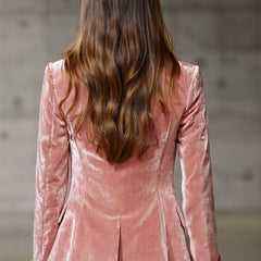 Pink velvet blazer for women with gold buttons, stylish jacket from Christine Brewer featuring a tailored fit and elegant design.