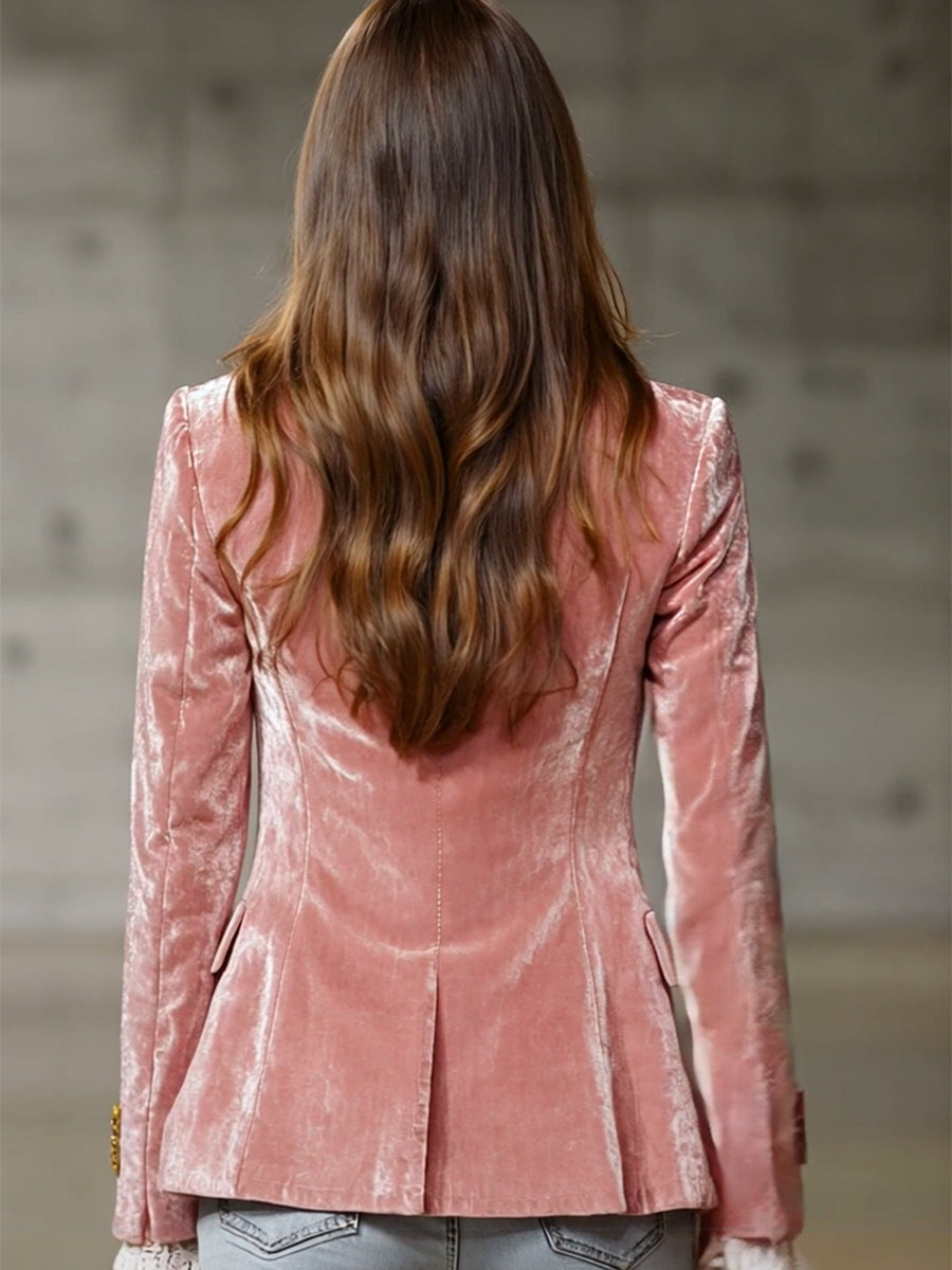 Pink velvet blazer for women with gold buttons, stylish jacket from Christine Brewer featuring a tailored fit and elegant design.