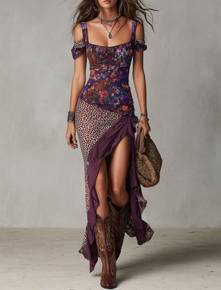 Leopard-print maxi dress for women by Christine Brewer, flowing fabric with bold animal pattern and sleeveless design.