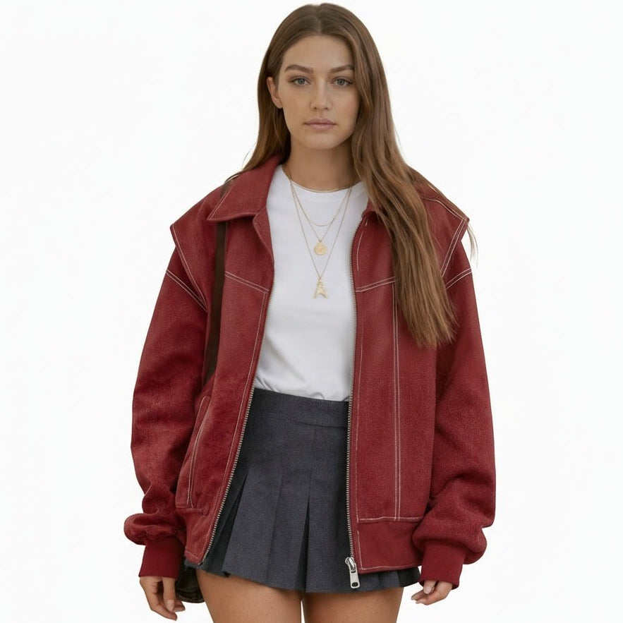 Eloise oversized faux leather bomber jacket for women by Christine Brewer, featuring a stylish, modern design with a ribbed collar and cuffs.