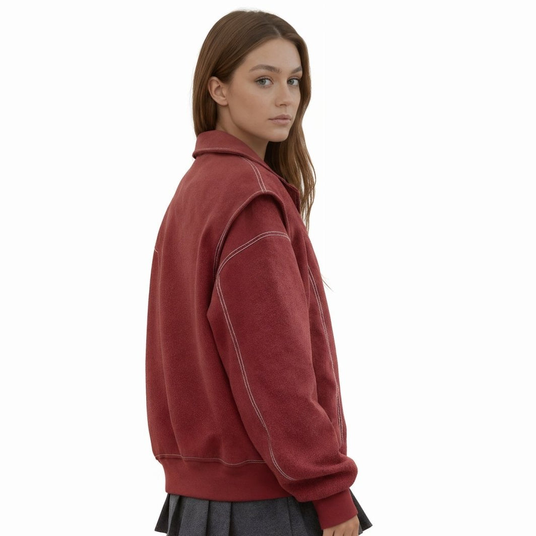 Eloise oversized faux leather bomber jacket for women by Christine Brewer, featuring a stylish, fitted design with ribbed cuffs and collar.