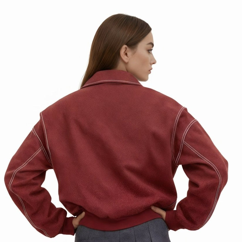Oversized faux leather bomber jacket for women by Christine Brewer, featuring a stylish design and modern fit.