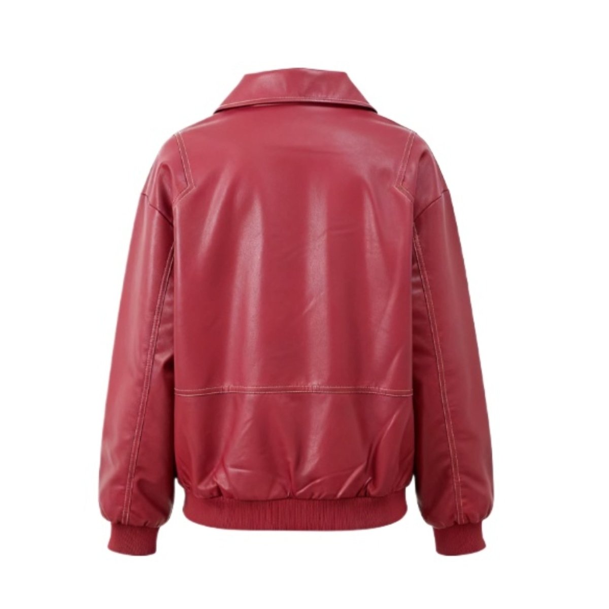 Oversized faux leather bomber jacket for women by Christine Brewer, featuring a modern design and sleek black finish.