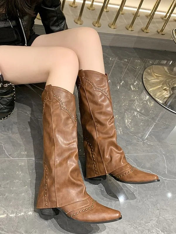 Sienna1 | Biker Boots, Knee High Boots, Women, Pointed Toe, Block Heel, Studded, Slip On,