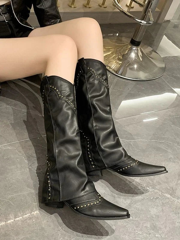 Sienna1 | Biker Boots, Knee High Boots, Women, Pointed Toe, Block Heel, Studded, Slip On,