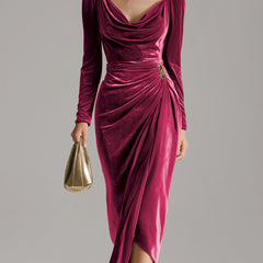 Velvet midi evening dress by Christine Brewer featuring a fitted silhouette and elegant design, perfect for formal occasions.