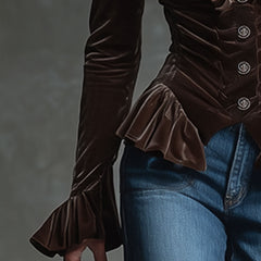Cocoa Brown Velvet V-neck ruffled long sleeve blouse by Christine Brewer, featuring a soft velvet fabric and elegant ruffle details.