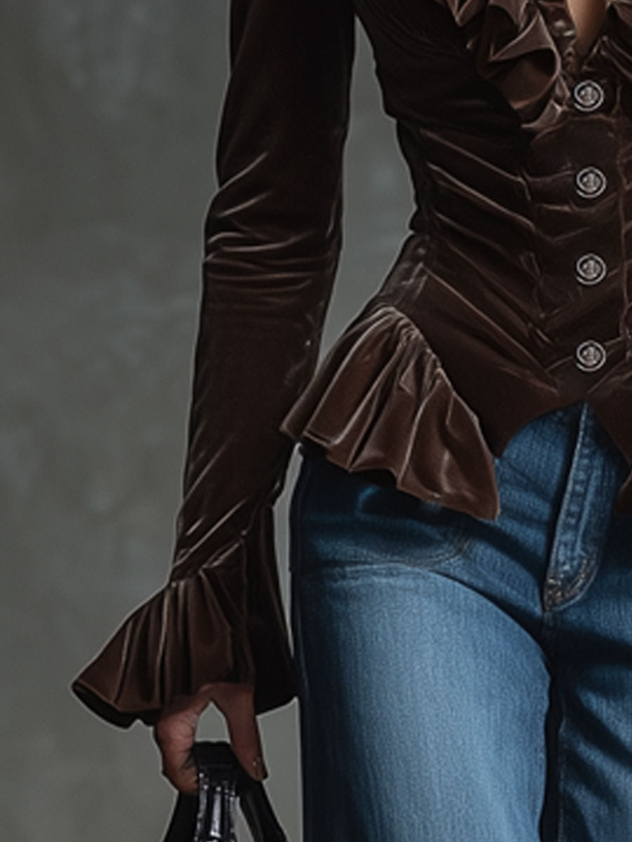 Cocoa Brown Velvet V-neck ruffled long sleeve blouse by Christine Brewer, featuring a soft velvet fabric and elegant ruffle details.