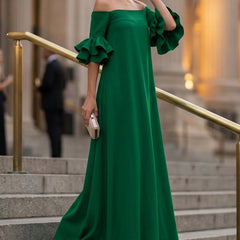 White off-the-shoulder maxi dress with half sleeves and loose fit from Christine Brewer, featuring a solid color design.