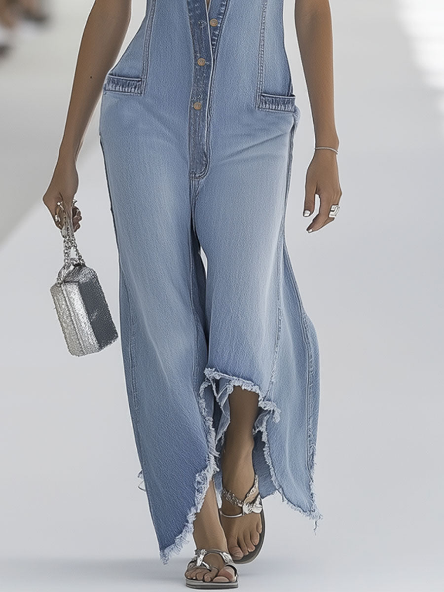 Light blue denim sleeveless wide-leg jumpsuit with raw edges, styled as women's pants by Christine Brewer.