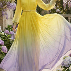 High waisted long sleeve gradient maxi dress by Christine Brewer with belt, pleats, split joint, round neck, and contrast colors.