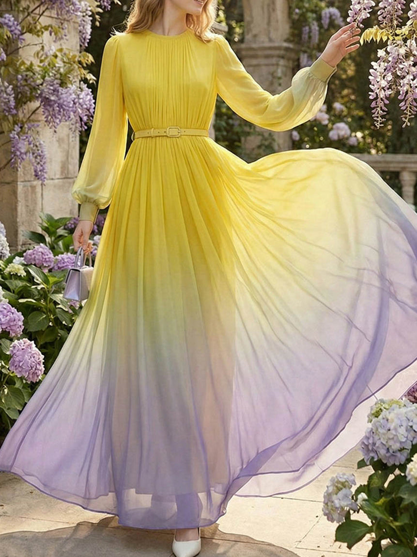 High waisted long sleeve gradient maxi dress by Christine Brewer with belt, pleats, split joint, round neck, and contrast colors.