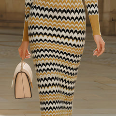 Christine Brewer retro chevron print polo-collar knit midi dress, perfect for summer business wear, featuring a stylish and comfortable design.