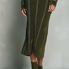 Olive green high-neck zip-up bodycon midi dress by Christine Brewer, close-up of fitted design and front zipper detail.