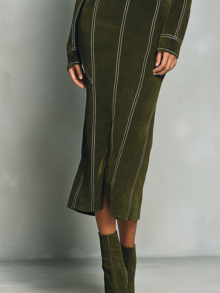 Olive green high-neck zip-up bodycon midi dress by Christine Brewer, close-up of fitted design and front zipper detail.