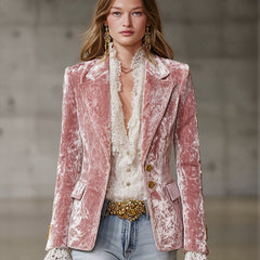 Pink velvet blazer with gold buttons for women, stylish jacket from Christine Brewer, featuring a tailored fit and elegant design.