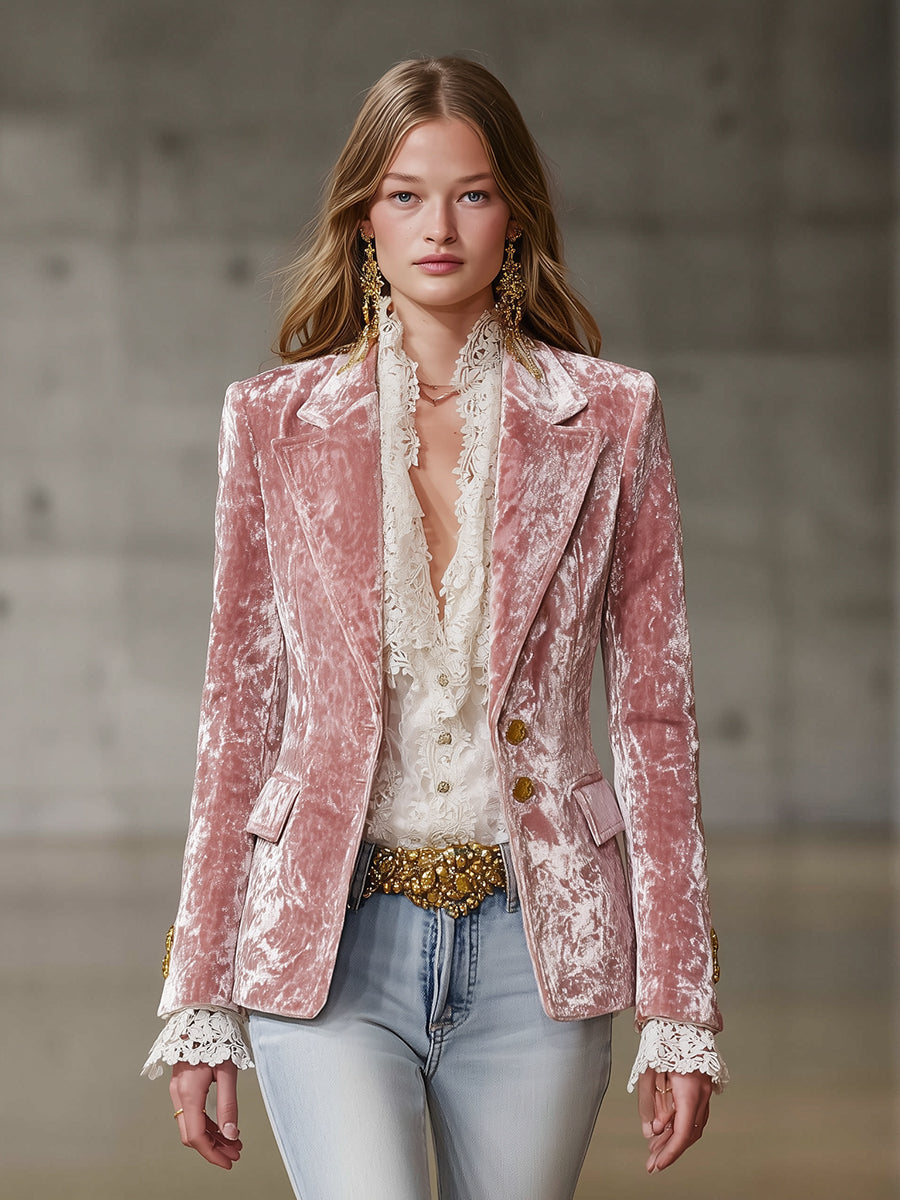 Pink velvet blazer with gold buttons for women, stylish jacket from Christine Brewer, featuring a tailored fit and elegant design.
