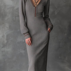 Ash taupe herringbone knit midi dress by Christine Brewer, featuring a bohemian style with a relaxed fit and stylish pattern.