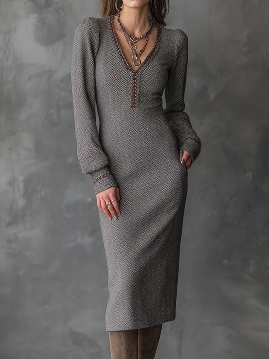 Ash taupe herringbone knit midi dress by Christine Brewer, featuring a bohemian style with a relaxed fit and stylish pattern.