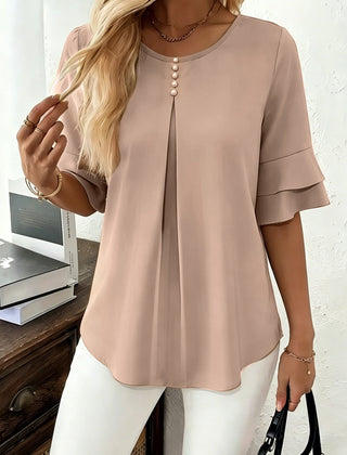 Sophia button-front women's top by Christine Brewer, featuring a stylish design with front buttons and a comfortable fit.