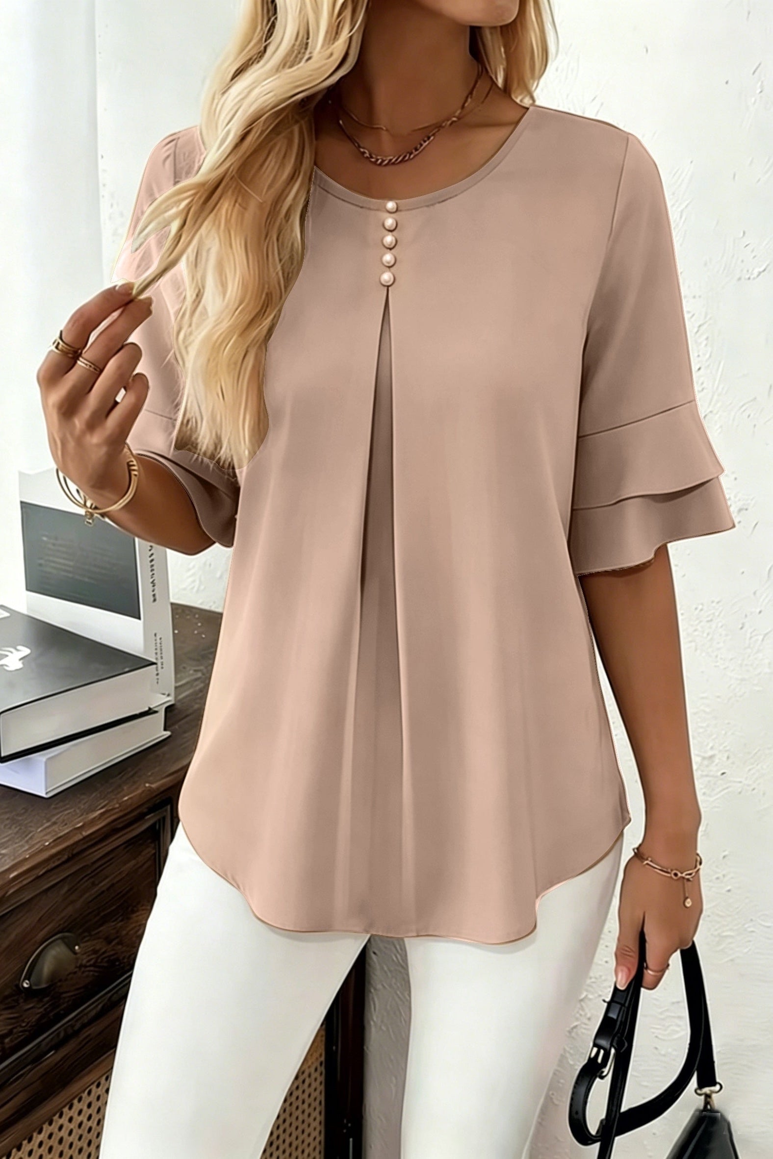 Sophia button-front women's top by Christine Brewer, featuring a stylish design with front buttons and a comfortable fit.