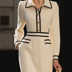Contrast-trim midi dress with button details for women by Christine Brewer, featuring a stylish silhouette and elegant design.