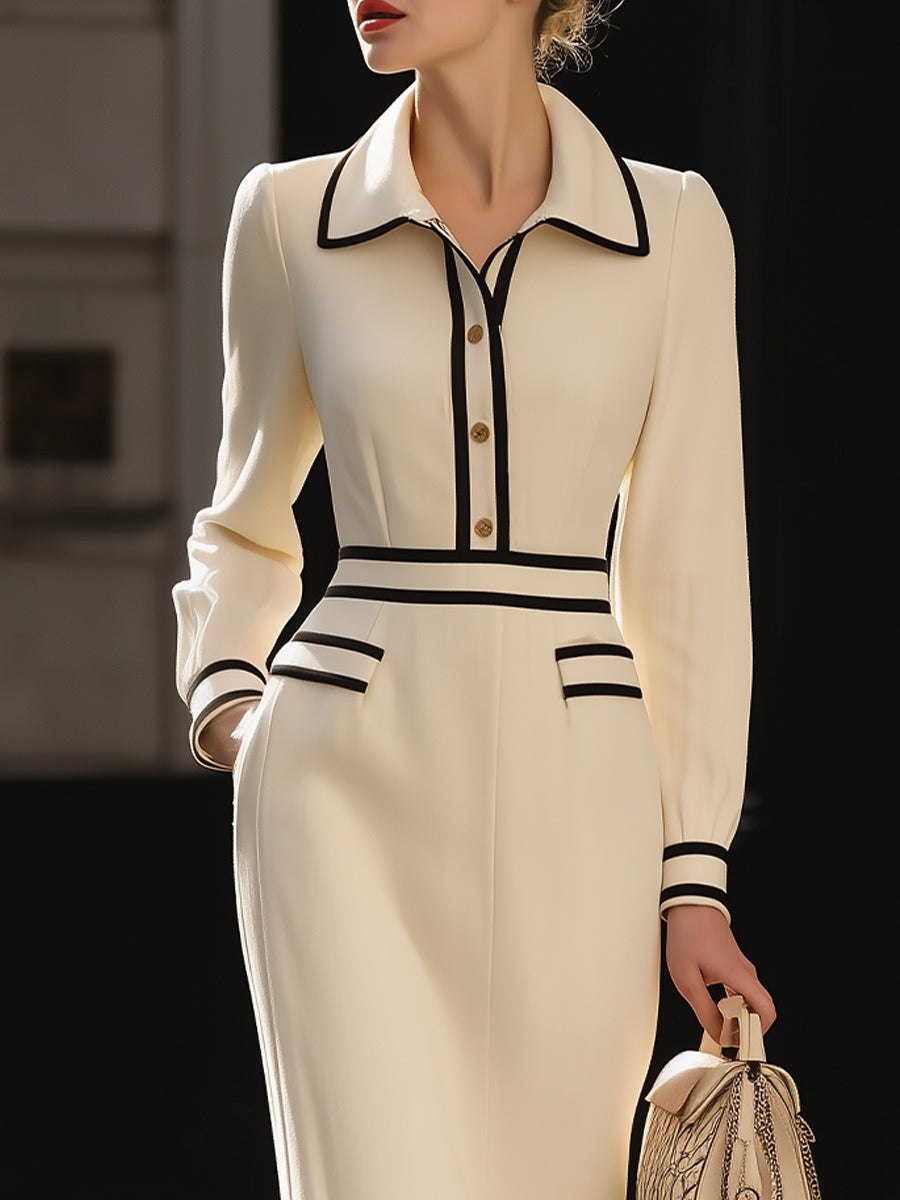 Contrast-trim midi dress with button details for women by Christine Brewer, featuring a stylish silhouette and elegant design.