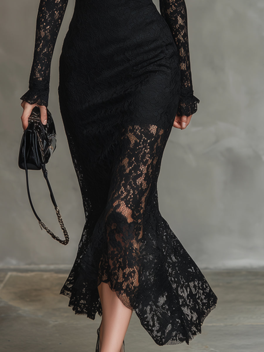 Black lace fishtail maxi dress by Christine Brewer, elegant evening dress with intricate lace details and form-fitting silhouette.