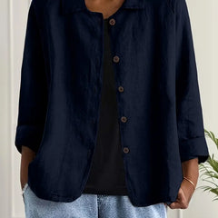 Women’s lightweight casual jacket with button front from Christine Brewer Ella collection, shown in a neutral color.